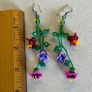Earings, Beaded Fushia Flowers, Beautifully made. Perfect condition.